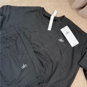 ALO Yoga Black Sweatshirt Short Set with Logo